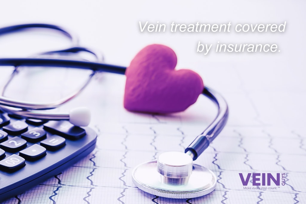 Vein treatment covered by insurance concept with stethoscope, heart symbol, and calculator | The Vein Guys (board-certified vein specialists)