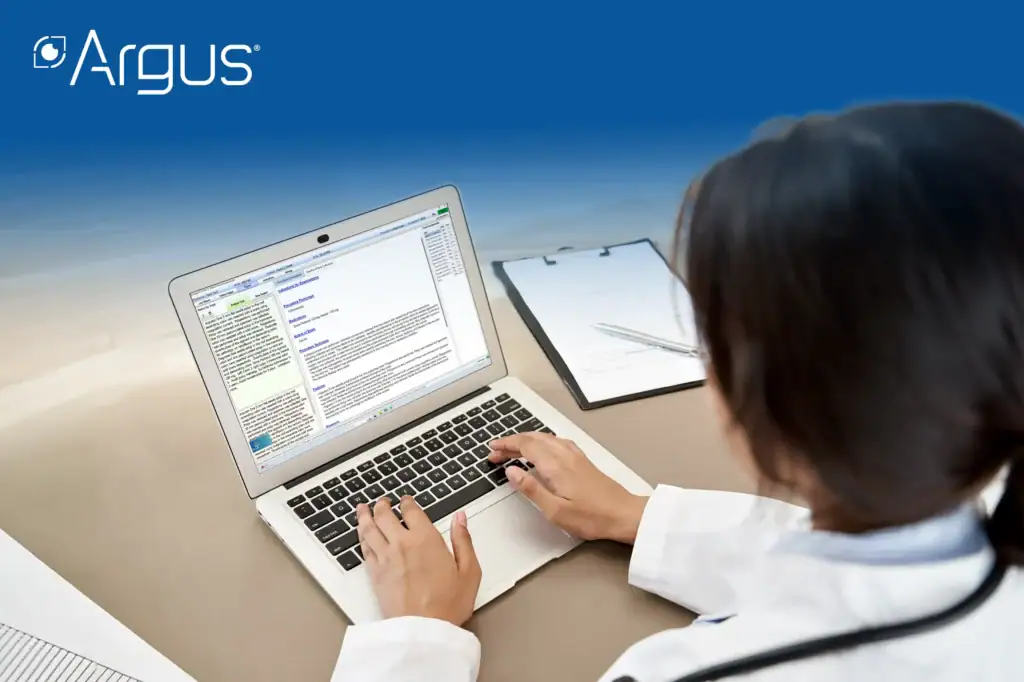 Woman using a laptop showing AI-Driven Procedure Report Writer Argus