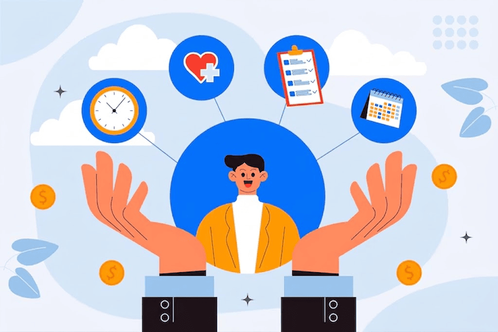 Illustration of a person surrounded by icons representing health, documents, schedules, and financial protection.
