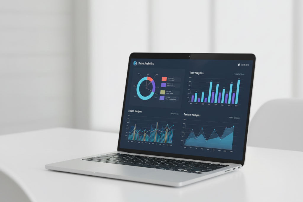 Laptop zeigt ein modernes Website-Analyse-Dashboard mit Diagrammen und Statistiken