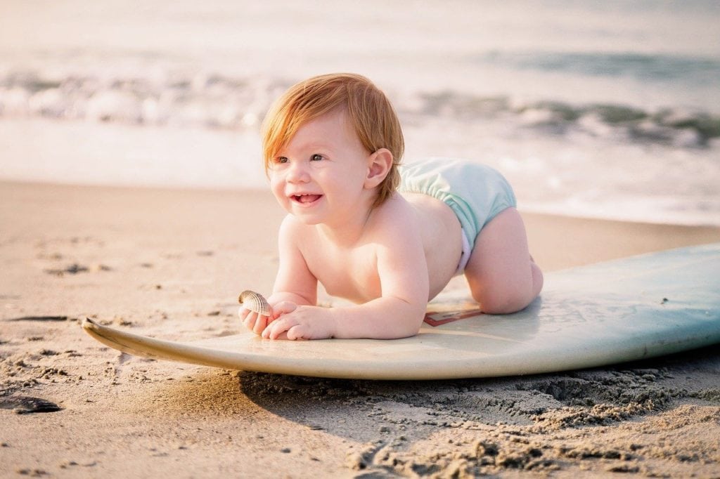 Junge, Baby, Strand, Meer, Surfen, Urlaub