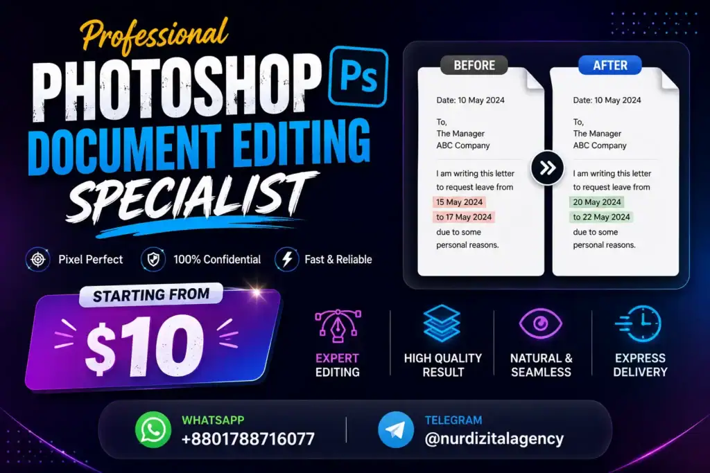 Photoshop document editing specialist providing precise editing for scanned PDFs, images, contracts, invoices, resumes, and business documents.