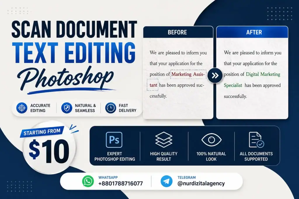 Scan document text editing in Photoshop with accurate font matching, background preservation, and professional document modification.