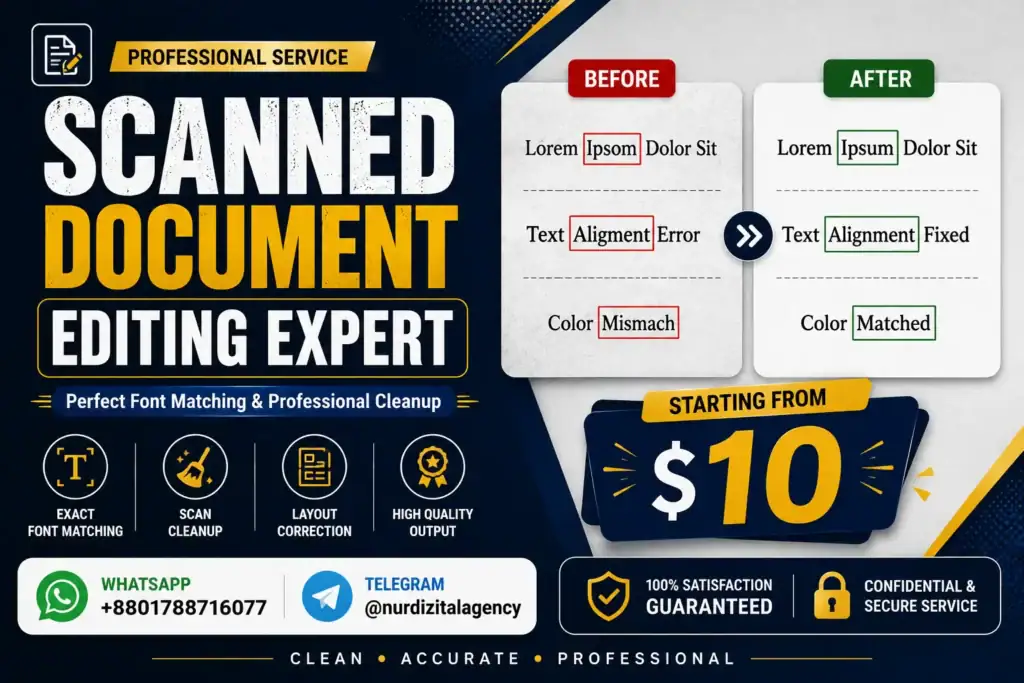 Scanned document editing expert providing accurate text modification, font matching, and document restoration in Photoshop.