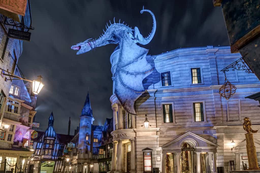 Mystical dragon figure at The Wizarding World of Harry Potter, illuminated at night in Orlando.