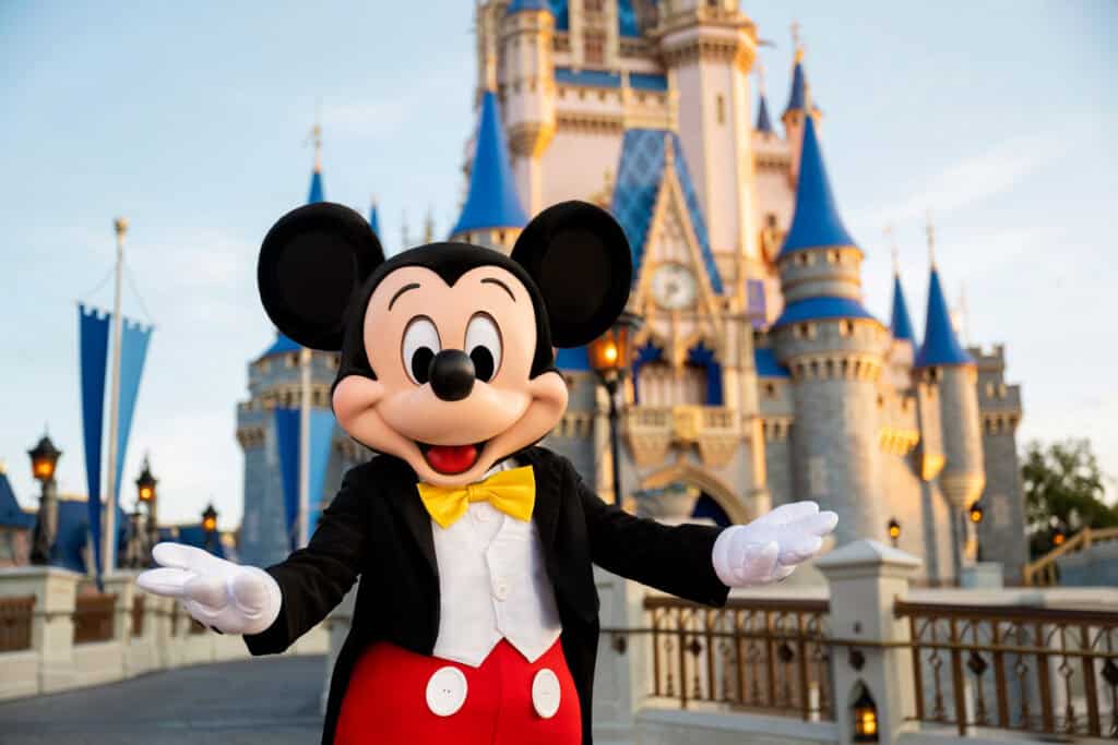 Mickey Mouse at Cinderella Castle, Disney vacation, Orlando theme park, family friendly travel destination.
