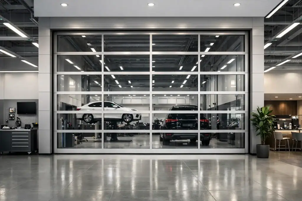 Corrosion-resistant 6063-T5 aluminum glass sectional door installed in an auto detailing and wash center, featuring watertight EPDM seals to withstand harsh and humid environments.