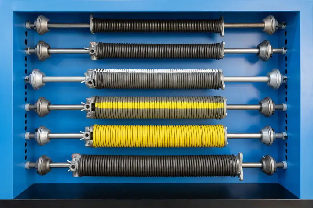 A display of heavy-duty torsion springs for ABX industrial sectional doors, offering customizable lifecycles from standard 30,000 cycles to high-frequency usage.