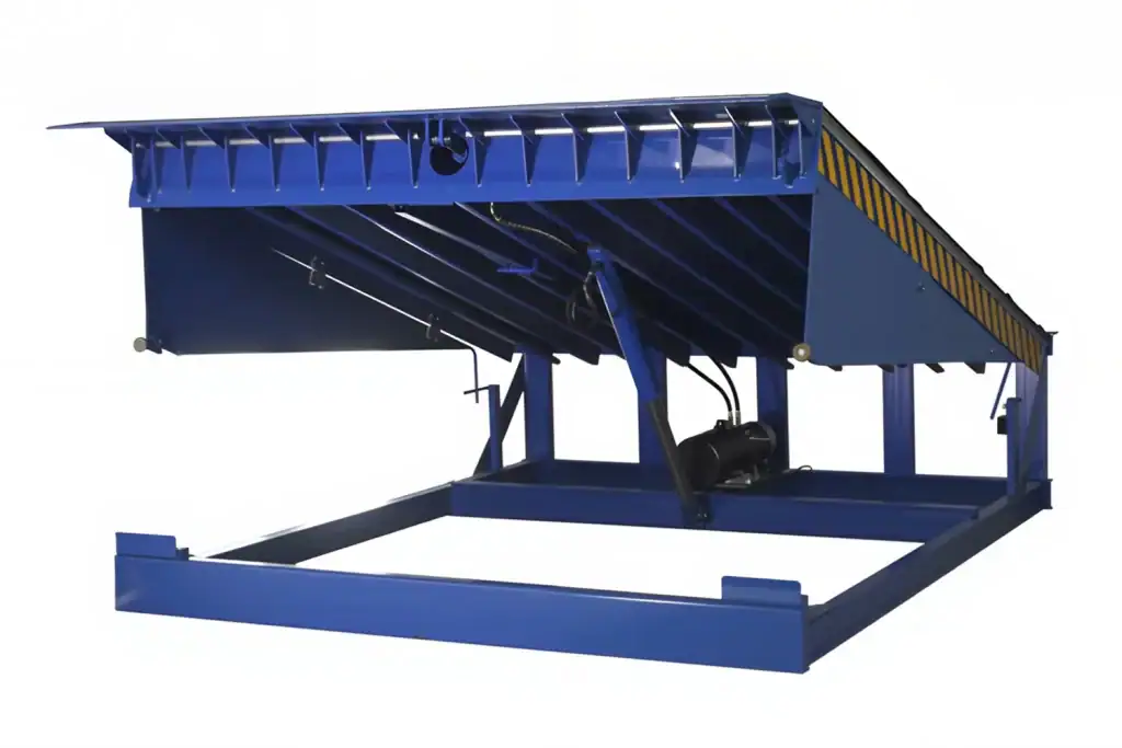 Structural view of a heavy-duty hydraulic dock leveler featuring enclosed tubular hinges, providing robust reinforcement to prevent deformation under extreme dynamic forklift loads.