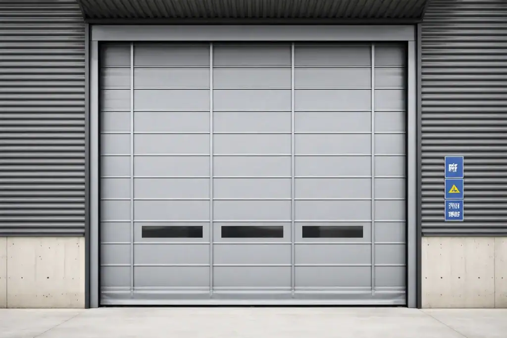 Grey wind-resistant stacking door mounted on an industrial exterior wall, featuring structural wind ribs and lower vision panels to ensure safe forklift operation.