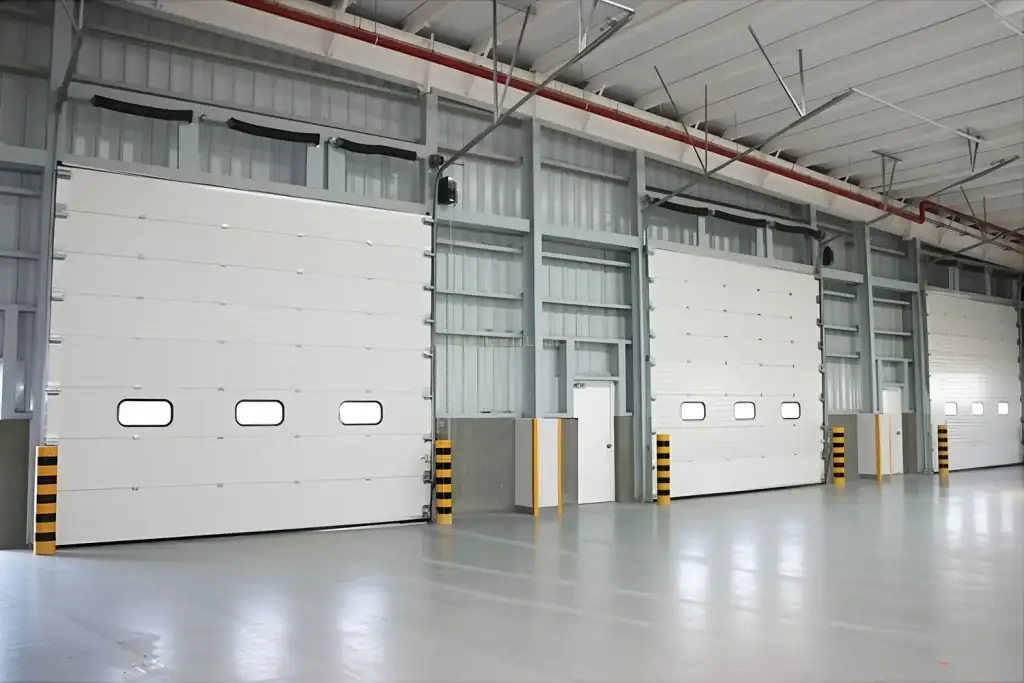 Interior installation view of multiple heavy-duty industrial sectional doors inside the XCMG manufacturing facility, engineered with vision windows and safety bollards for high-frequency automotive production environments.