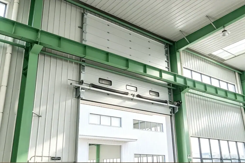 Detailed interior installation view of an industrial sectional door for the Wanda project, highlighting the vertical lift track system, heavy-duty torsion springs, and integrated vision windows for optimal facility lighting.
