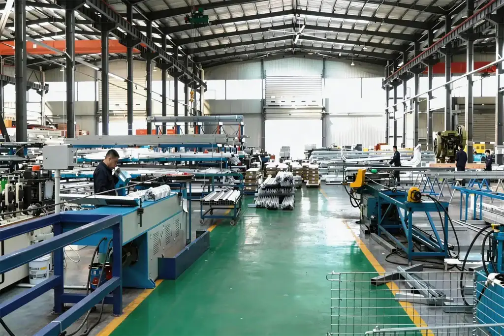 Worker operating advanced roll-forming machinery inside ABX's 36,000 sqm intelligent manufacturing base for OEM industrial doors.