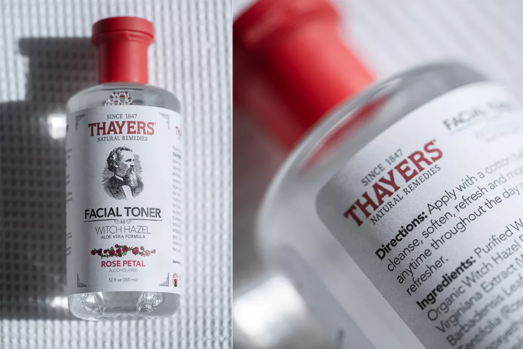 Two images next to each other of the Thayer's rose petal witch hazel toner, show casing the front and back of the bottles on a white background