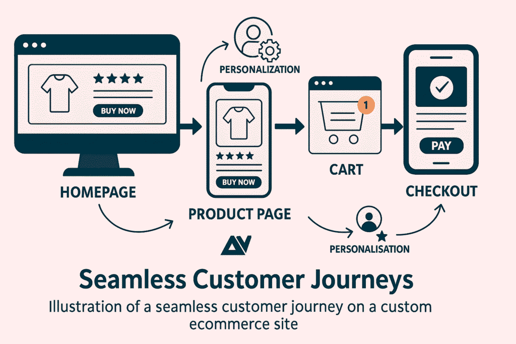 Illustration of a seamless customer journey on a custom ecommerce site