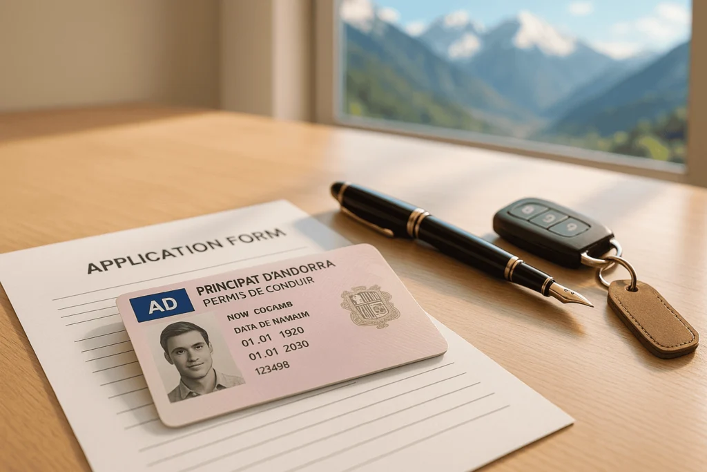 unterlagen-fuehrerschein-umschreiben-andorra Schreibtisch mit den notwendigen Unterlagen für die Umschreibung des Führerscheins in Andorra: ein andorranischer Führerschein, ein offizielles Antragsformular und Autoschlüssel.
