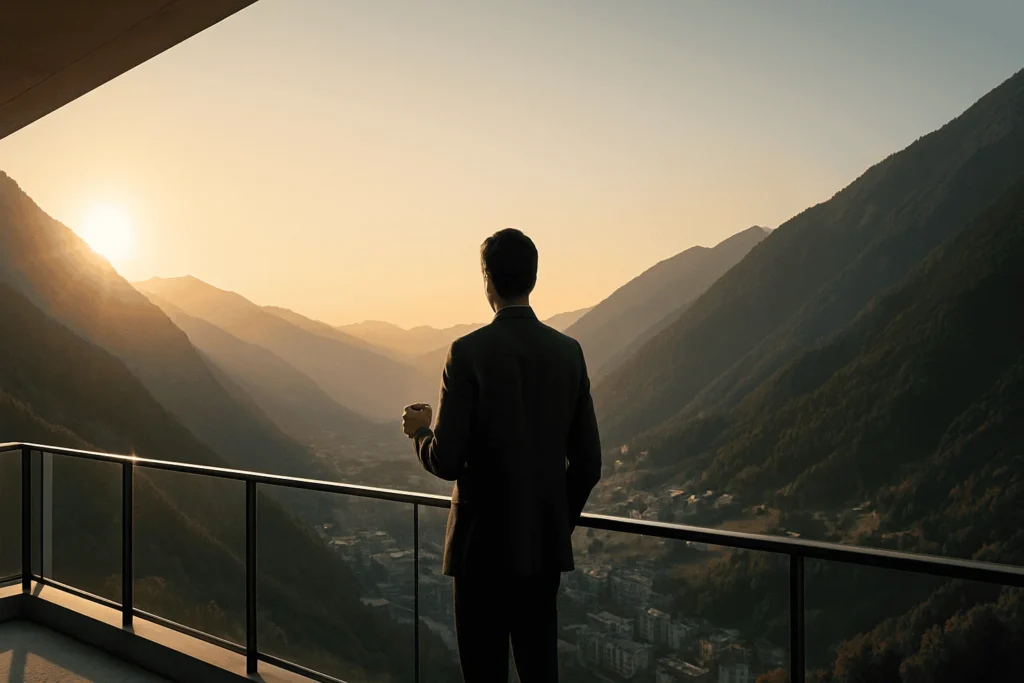 leben-in-andorra-aufenthaltsgenehmigung Person von hinten auf einem modernen Balkon mit Blick auf ein Tal in Andorra, die den Erfolg und das neue Leben nach Erhalt der Aufenthaltsgenehmigung im Fürstentum darstellt.