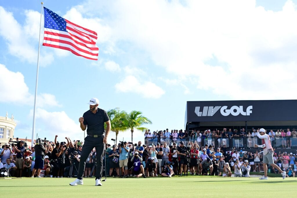 LIV Golf Team Championship Miami players celebrating on green