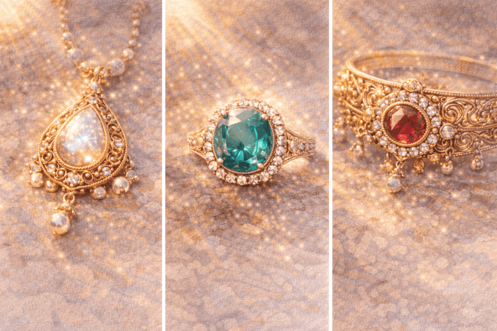 Elegantní šperky s drahokamy, zlaté náhrdelník a prsten, zachycené v teplém světle, zdůrazňující krásu a umělecký design šperků.