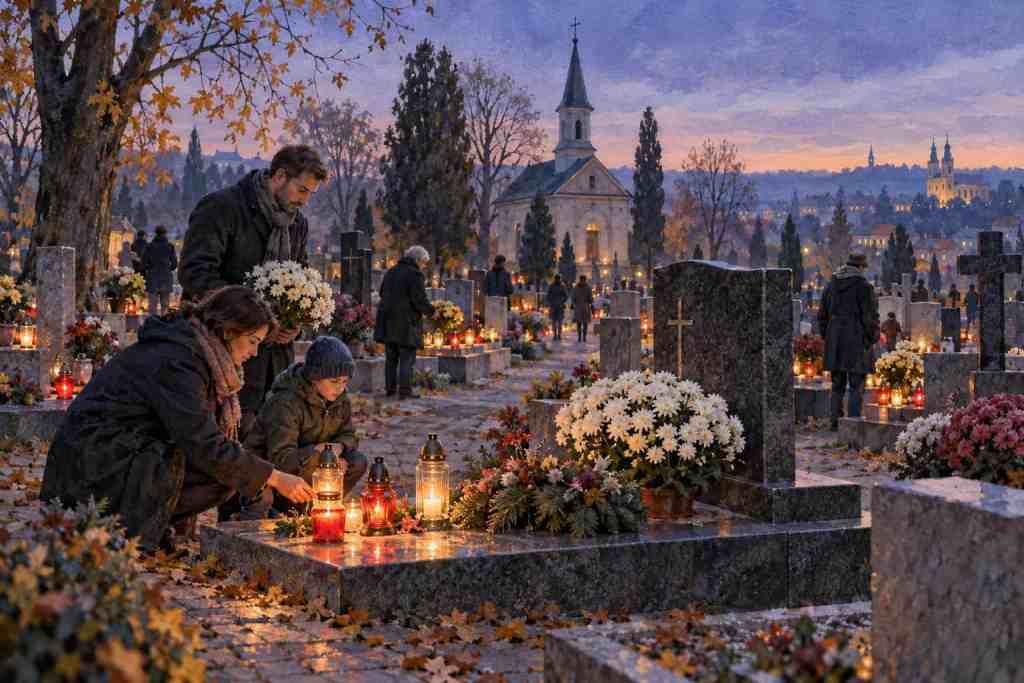 O familie aprinde lumânări și așază flori într-un cimitir la amurg de toamnă.