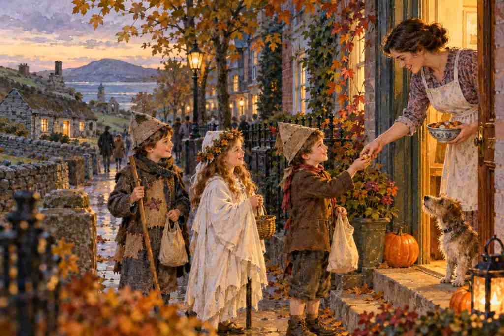 Copii costumați primesc dulciuri de la o femeie pe verandă, înconjurați de frunze de toamnă și dovleci. Halloween