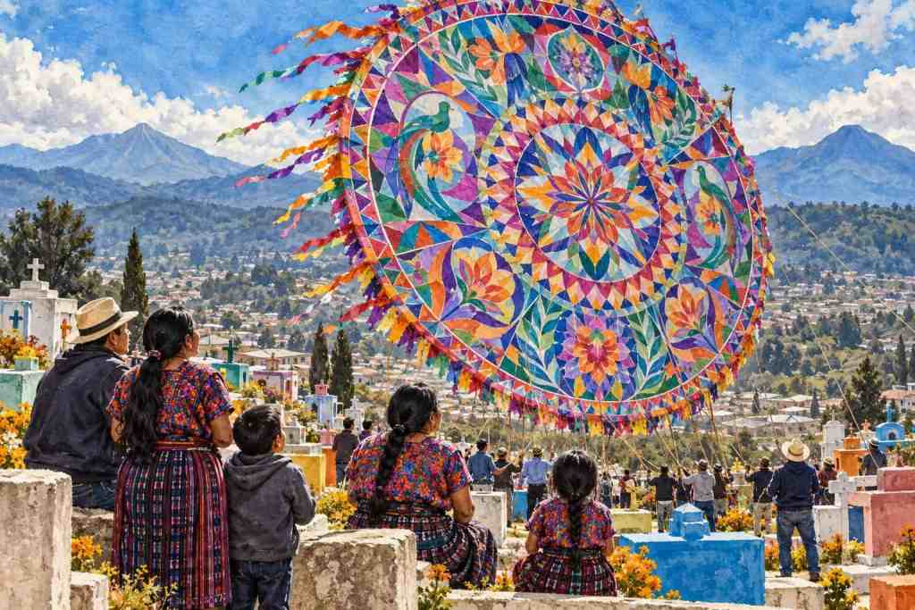 People in a cemetery watch a colorful paper kite during a traditional festival, with mountains in the background.