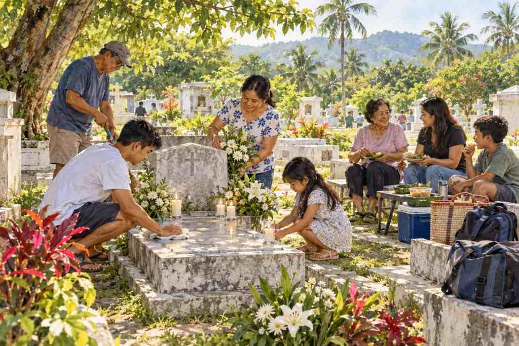 A family gathers in a cemetery, tending graves and honoring loved ones while some children play and others eat.