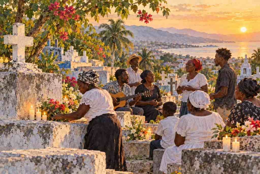 A group of people gathers in a cemetery at sunset, singing and playing guitar among flowers and candles.