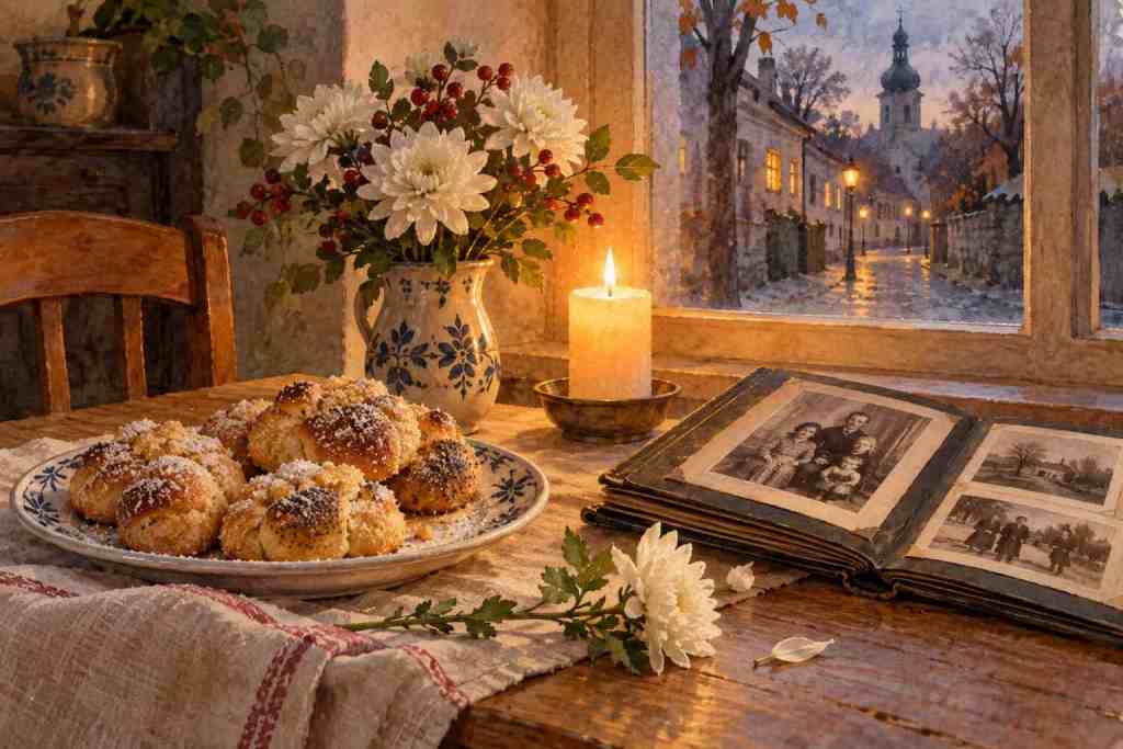 A table with baked pastries, flowers and a candle, with an autumn landscape visible through the window.