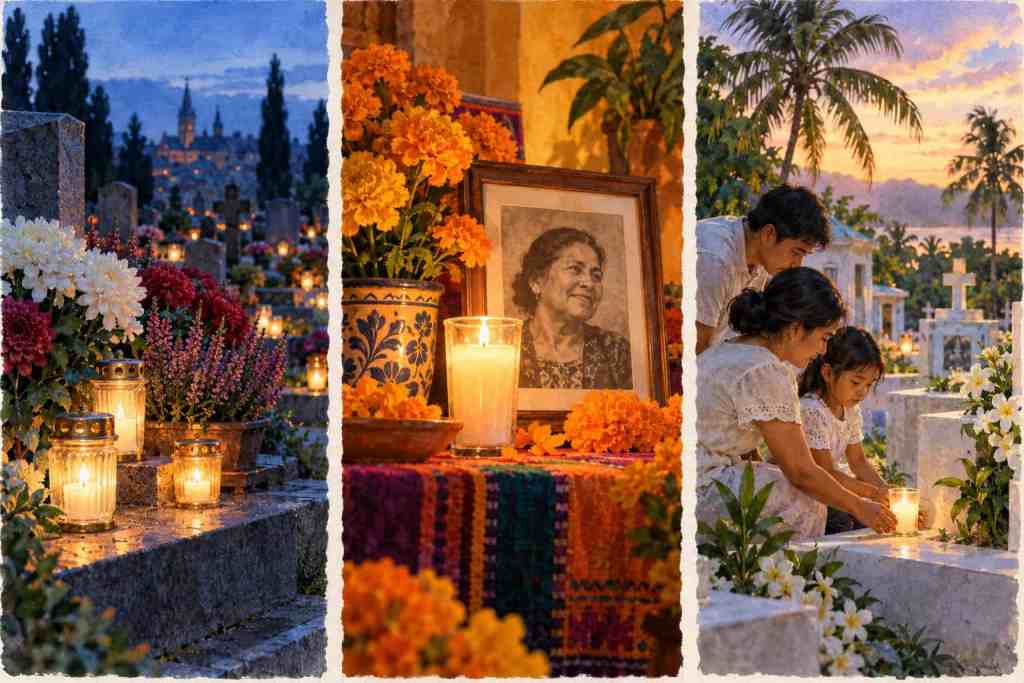 A cemetery scene during a commemoration, with colorful flowers, lamps and a photograph of the deceased. A family lights candles in memory of a loved one.
