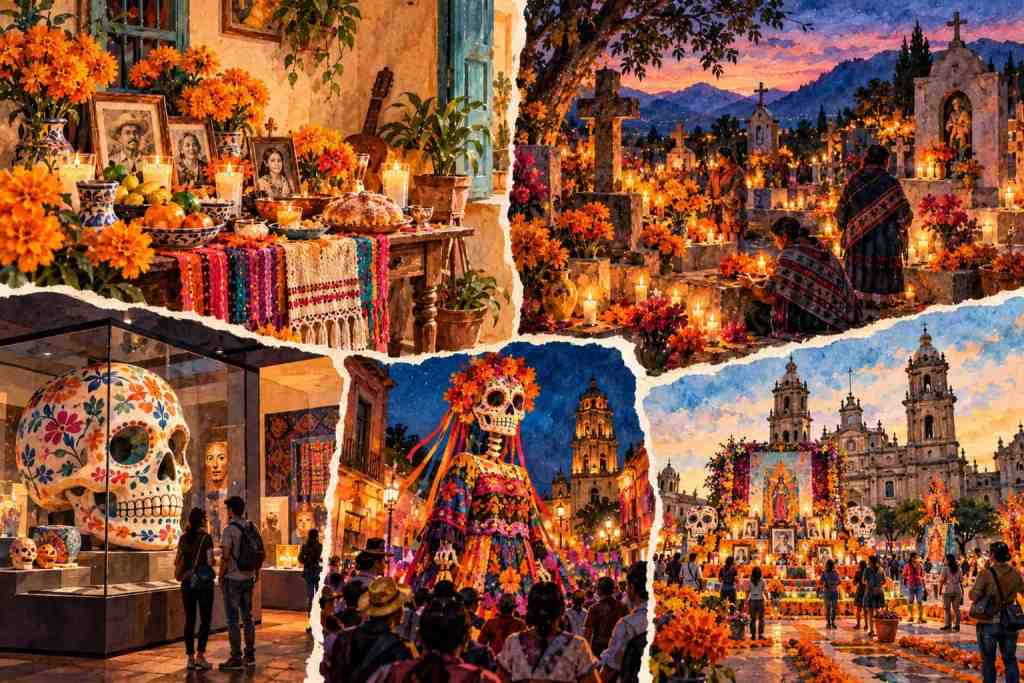 Kolaž scena Día de Muertos: kućna ofrenda, groblje, muzejska postavka i javna povorka s cvijećem i svijećama.