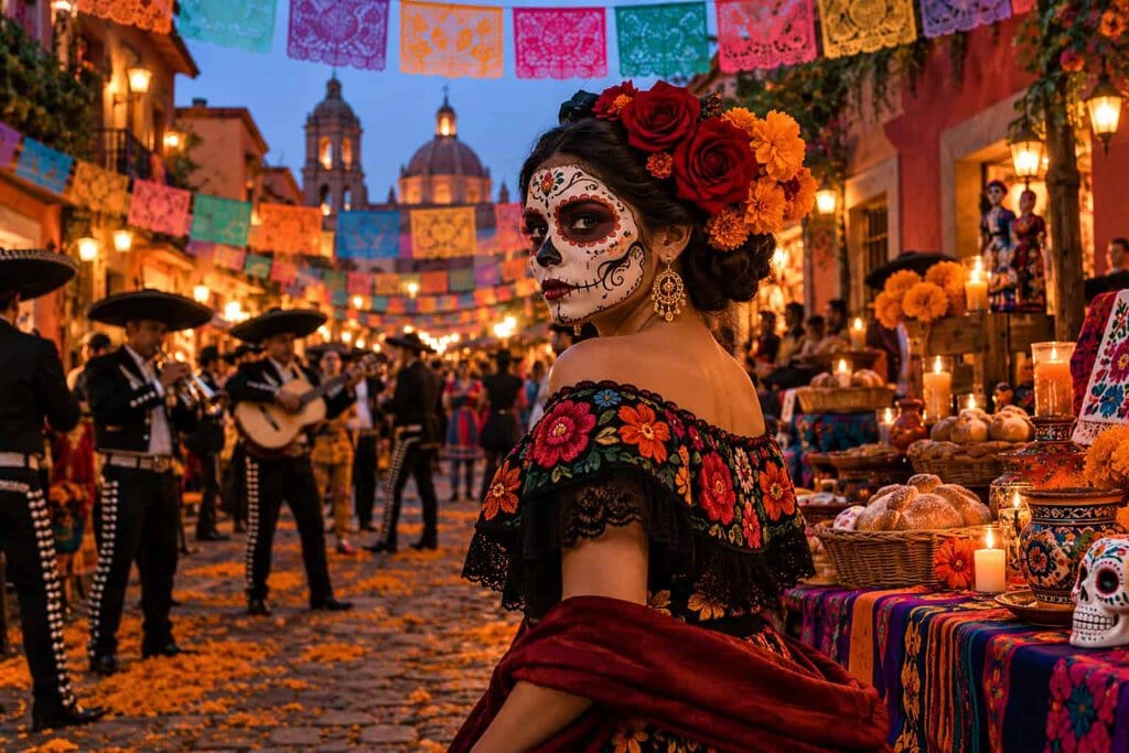 Ilustracija povorke Día de Muertos s likom Catrine, muzičarima, cvijećem i svjetlima na gradskoj ulici.