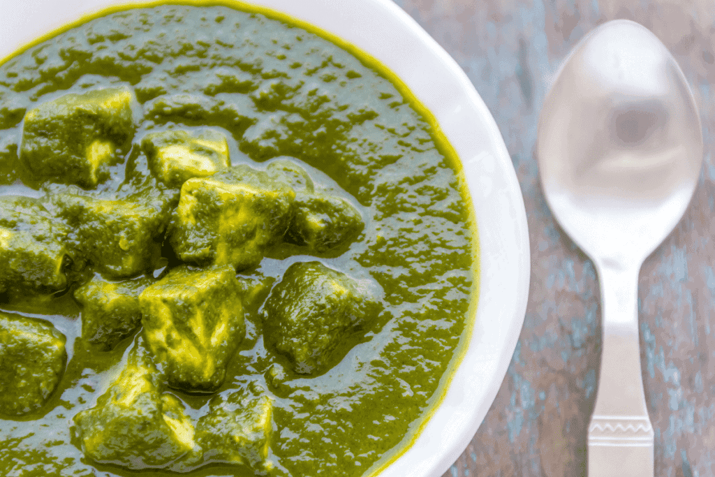 Upclose of a classic Indian dish, palek paneer.