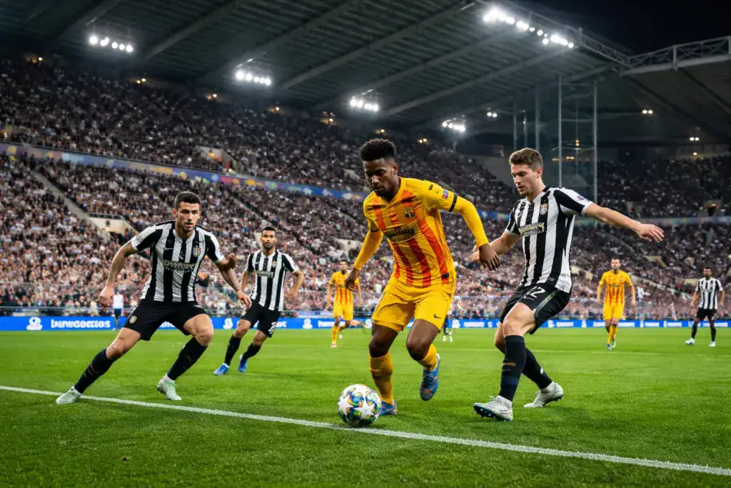 Alt= Newcastle – Barça à St James’ Park : duel entre un joueur du FC Barcelone et des défenseurs de Newcastle en Ligue des champions.