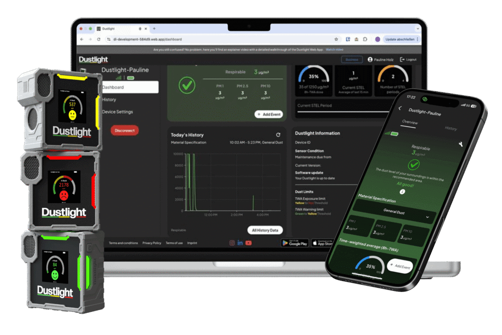 Dustlight particulate matter meter with green, amber and red display for dust exposure next to laptop with Dustlight Web app open and smartphone with Dustlight Mobile App showing real-time measurements and particle concentration history.