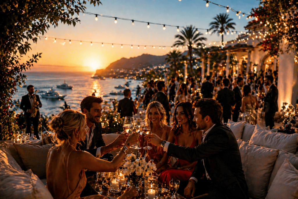 luxury dinner event mallorca evening lights outdoor celebration