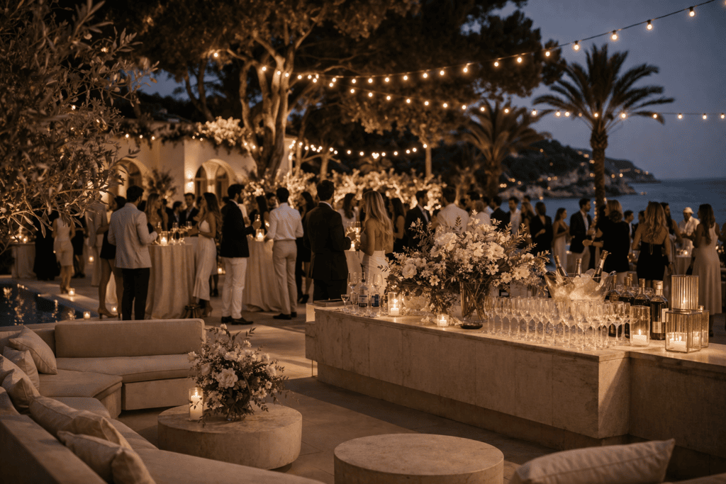 Private garden party in Mallorca at luxury villa with guests
