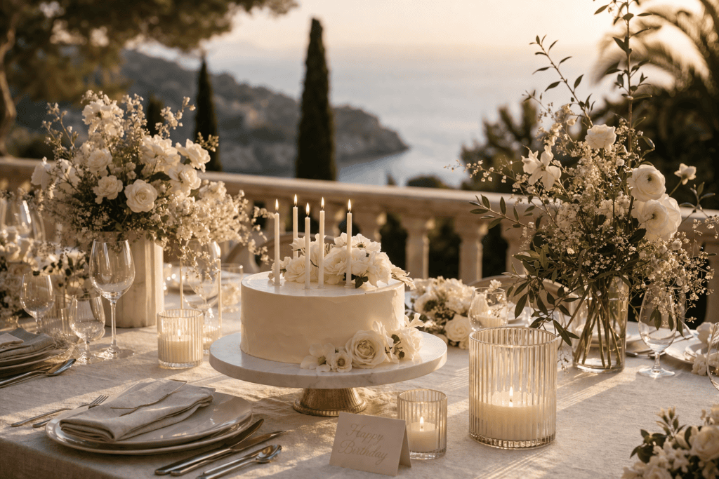 Luxury private event dinner in Mallorca with elegant table setting and ambient lighting