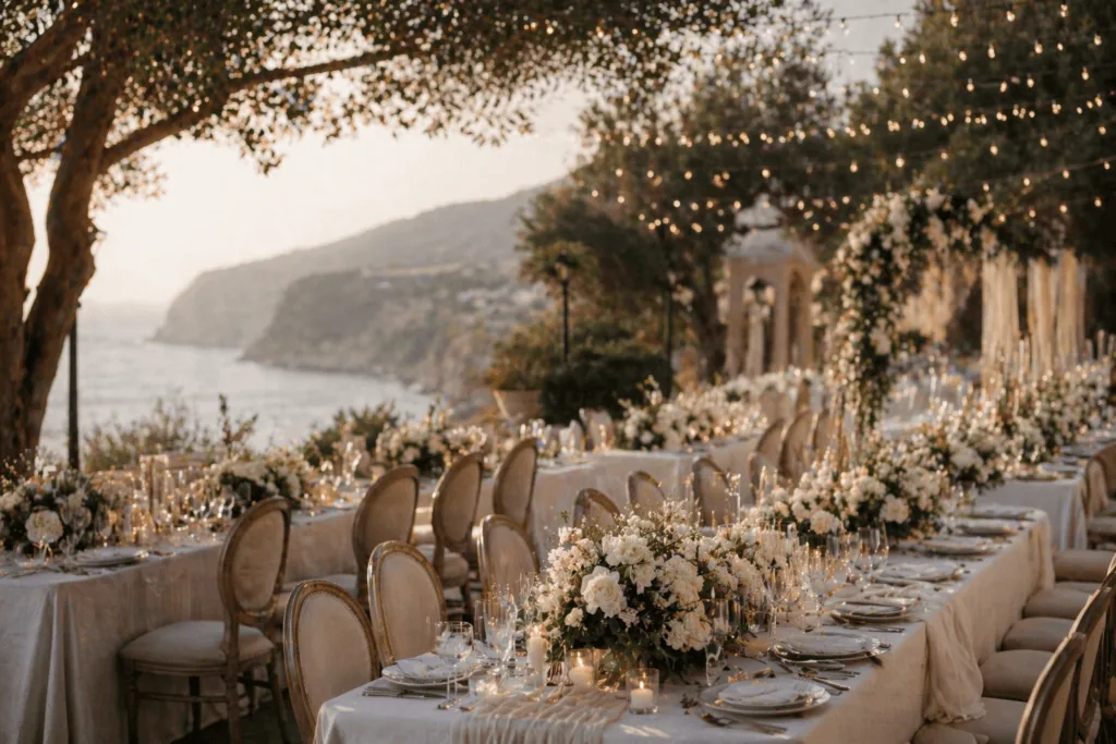luxury wedding ceremony mallorca floral design outdoor setting
