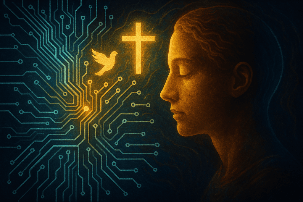 A glowing cross and dove shine between circuit board patterns and a human silhouette, symbolizing the union of technology, divine inspiration, and human identity