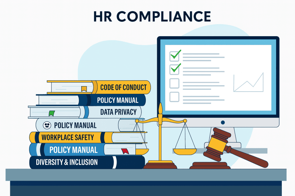 HR compliance concept illustration showing policy manuals on code of conduct, data privacy, workplace safety, and diversity and inclusion alongside a computer checklist, scales of justice, and gavel.