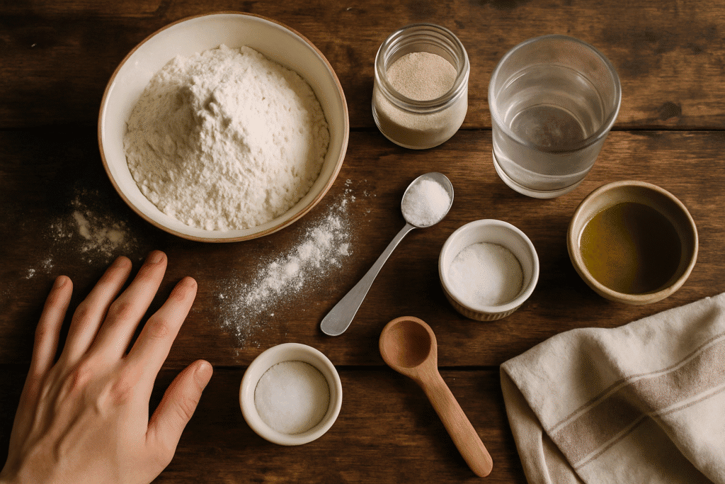 Ingredients for making dough arranged neatly
