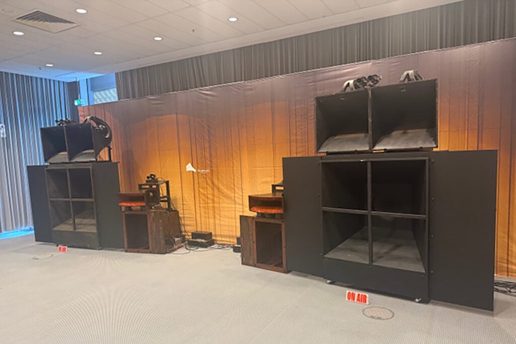 Silbatone was showing the most outrageous, historical horn speaker system from a 1930s American movie theater. Talk about proving a point!
