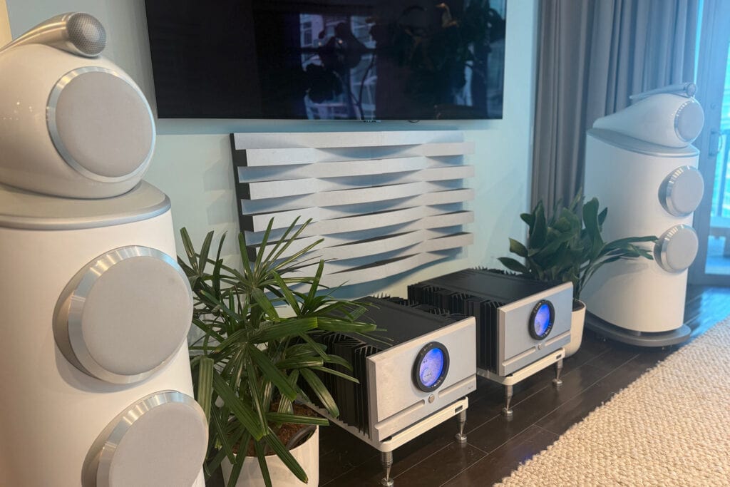 The Sonitus Wave X on the front wall of Jerry Del Colliano's listening room.