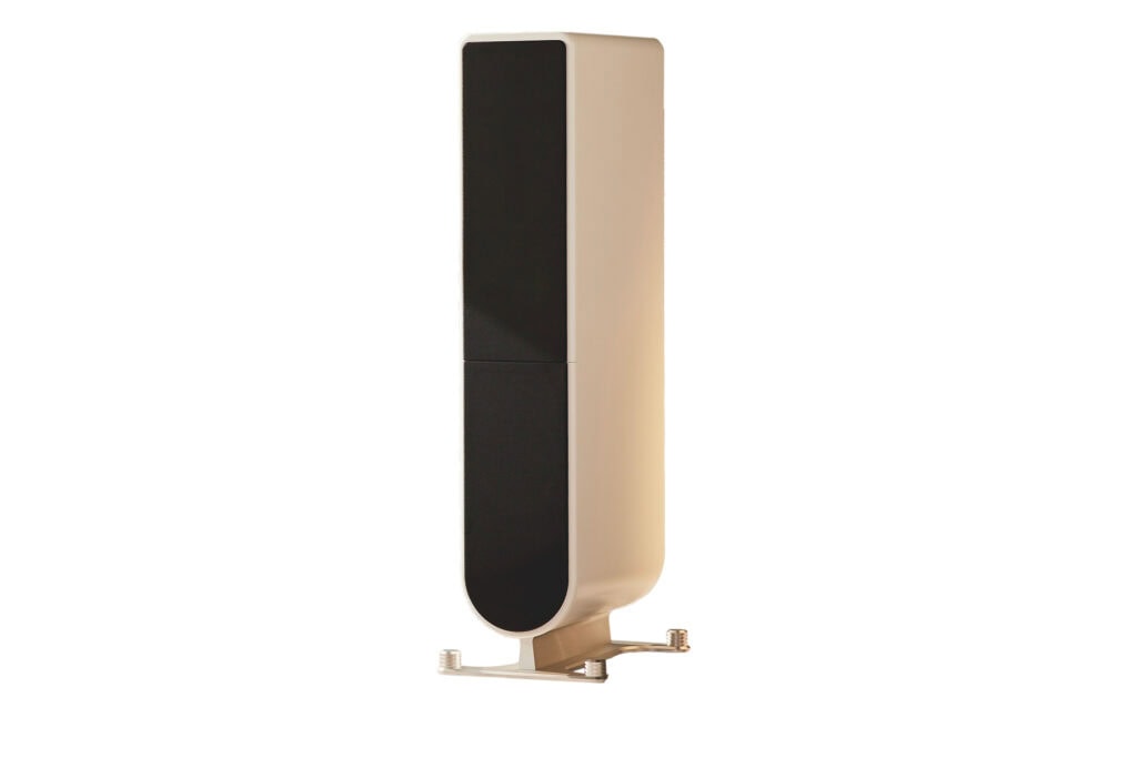 The PS Audio Aspen FR10 speakers in an ivory or off-white finish.