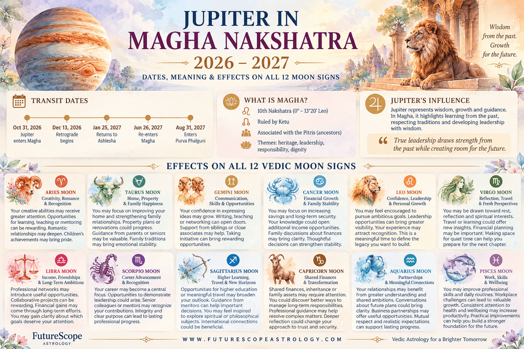 Jupiter Transit in Magha Nakshatra 2026–2027: Dates & Effects on All 12 Moon Signs