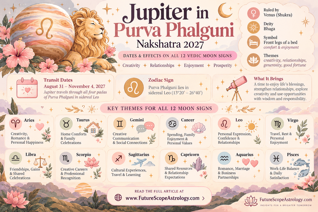 Jupiter enters Purva Phalguni Nakshatra on August 31, 2027! Discover what this Venus-ruled transit may mean for all 12 Vedic Moon signs. Explore key dates, creativity, romance, relationships, prosperity, career opportunities, and personal growth as Jupiter moves through Leo until November 4, 2027.  Read more at www.FutureScopeAstrology.com  #JupiterTransit2027 #PurvaPhalguni #VedicAstrology #MoonSigns #Nakshatra