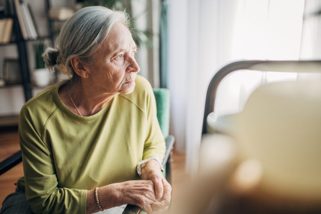 Elderly woman sitting on the armchair