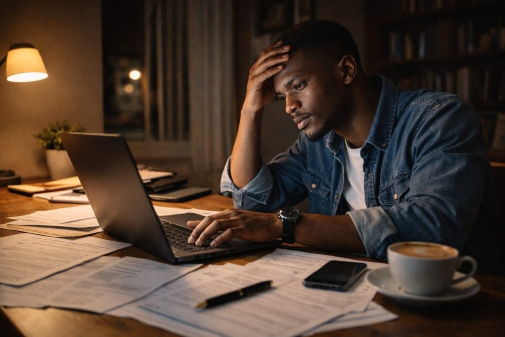 Nigerian student working late night on DAAD scholarship application Germany