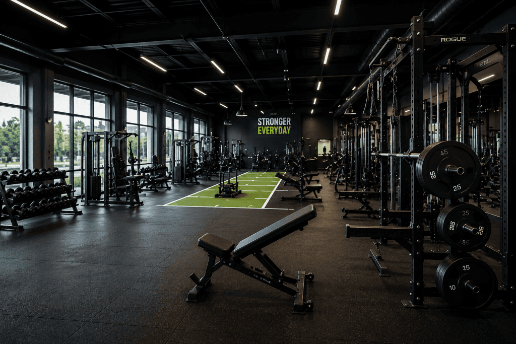 Modern commercial fitness center with strength racks, free weights, functional training turf, and commercial exercise equipment, representing Private training facility loans, gym startup financing, gym expansion financing, fitness lead generation funding, and gym branding financing for fitness business growth.